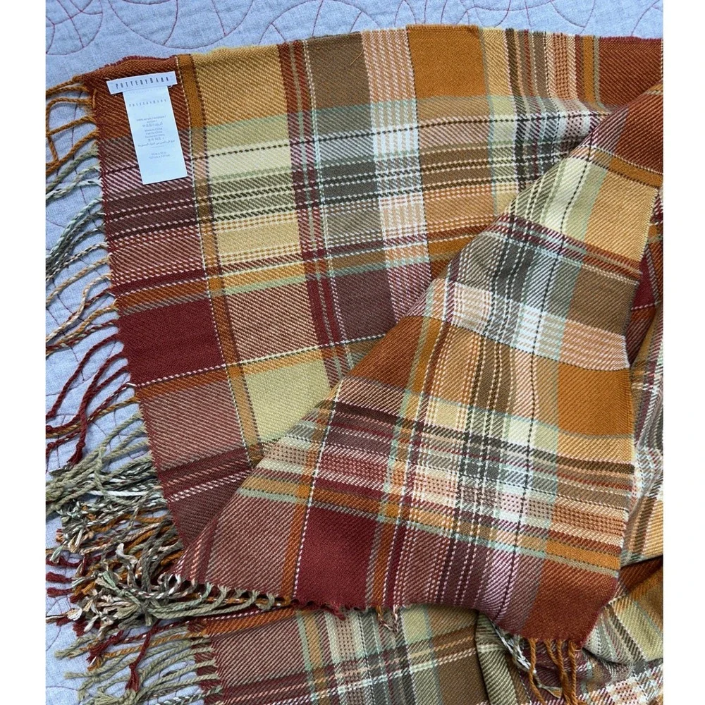 Pottery Barn Throw Blanket Orange Plaid Fringed 50